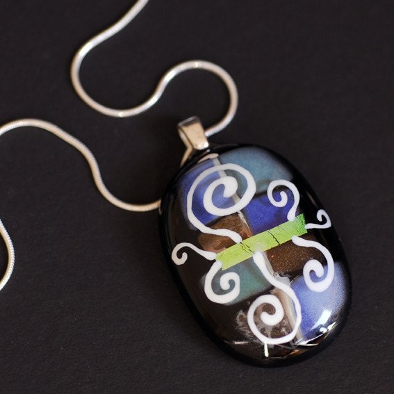 Fused Glass Pendant Necklace HIROGLYPHS, Fused Glass Jewelry