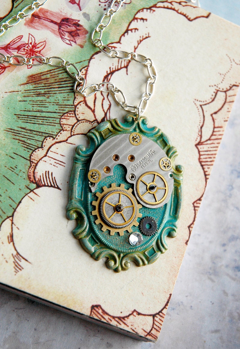 Steampunk Necklace - Silver and Gold Watch Gears an Verdigris Pendant - Nautical Neo Victorian Steampunk