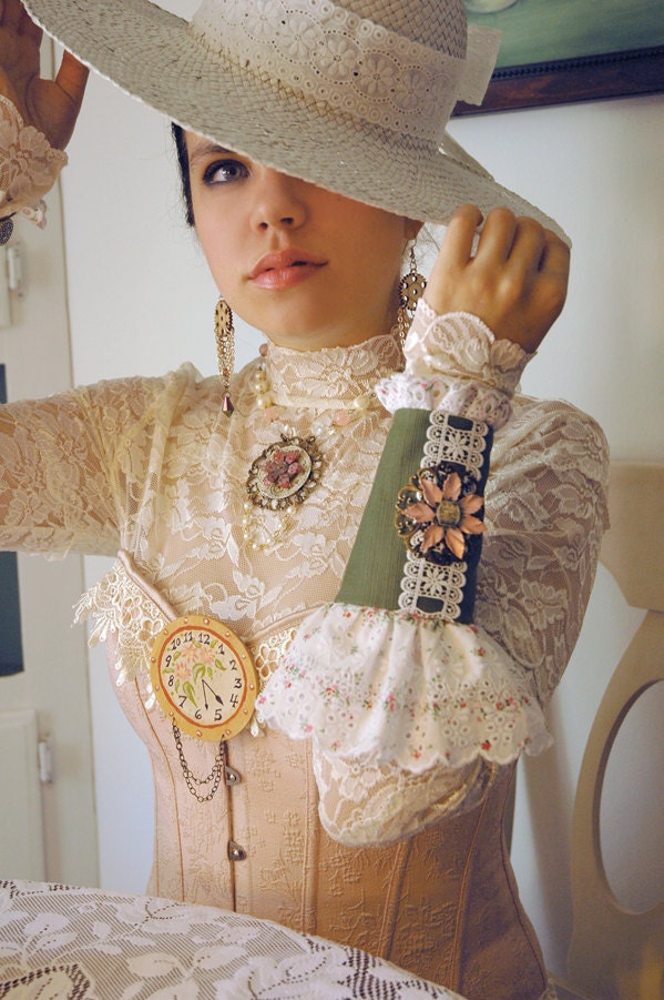 Steampunk Cuffs - Steampunk Victorian Tea Party Cuffs with Shabby Chic Eyelet Lace and Steampunk Clock