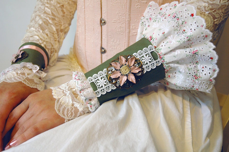 Steampunk Cuffs - Steampunk Victorian Tea Party Cuffs with Shabby Chic Eyelet Lace and Steampunk Clock