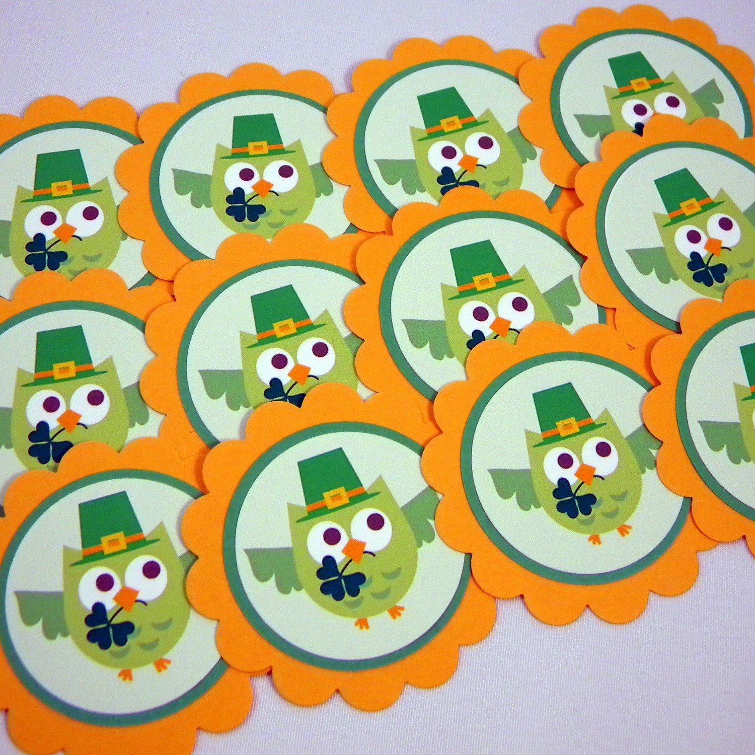 Irish Owls Embellishments, Set of 12, Shamrocks, Scalloped, Orange, Green Il_170x135