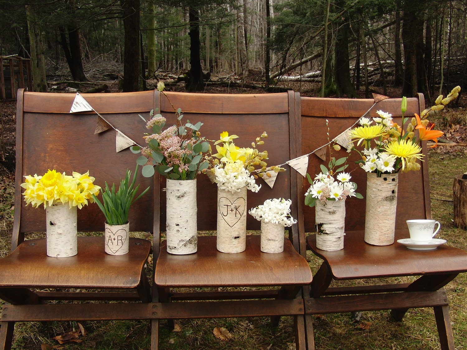 Sale, Collection of 7 birch bark vases/candle holders