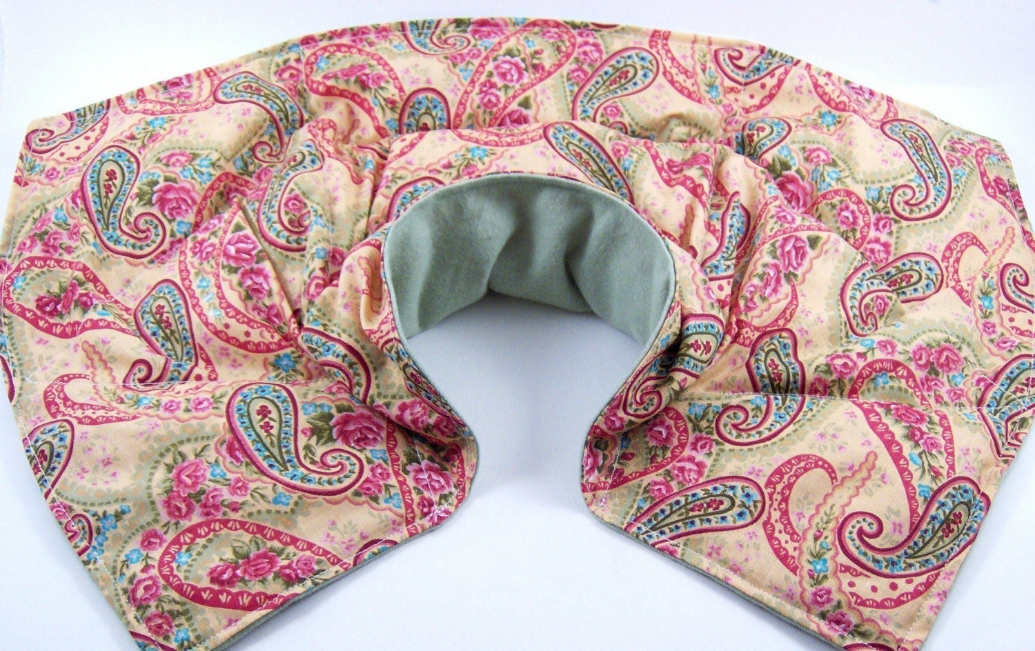 neck shoulder back (NSB) - hot cold therapy pack - rice and flax heating pad - comfy cozy - tan paisley with moss green and aqua