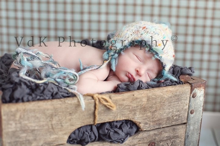 Little Pixie Newborn Baby Hat, Photo Prop in Blue with Red and Yellow