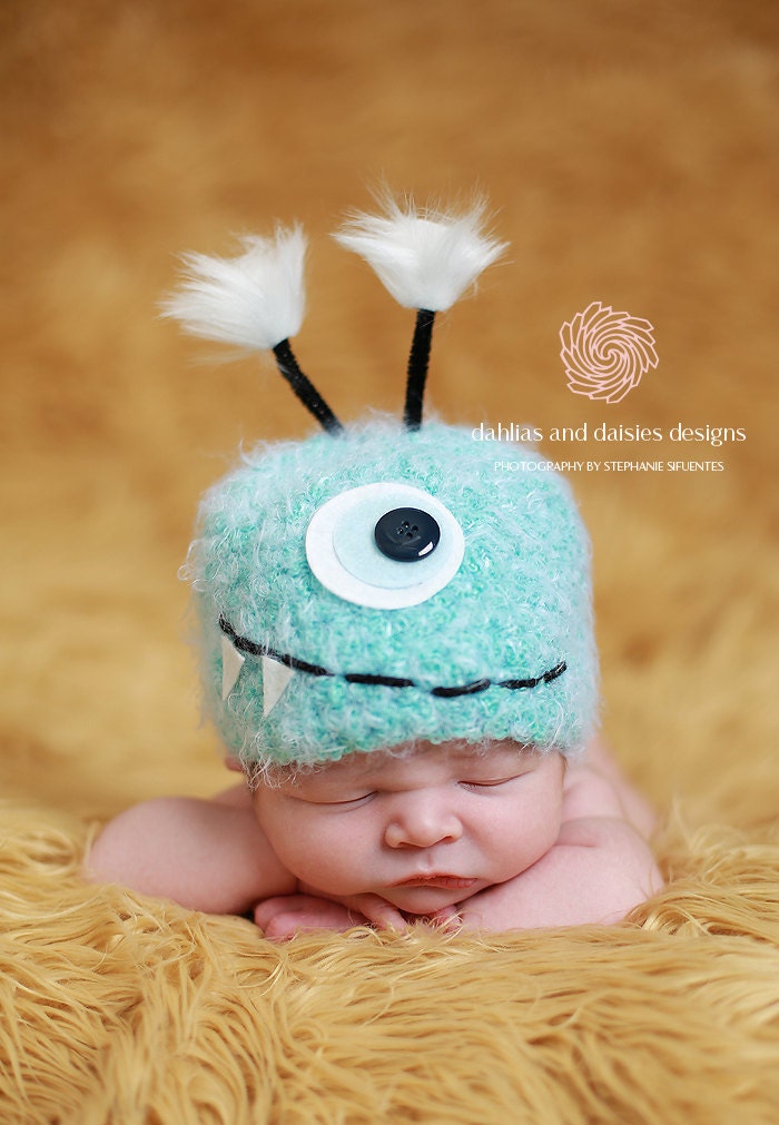 Baby Hat, Blue Monster Newborn Baby Hat, Knit Baby Hat Photography Prop