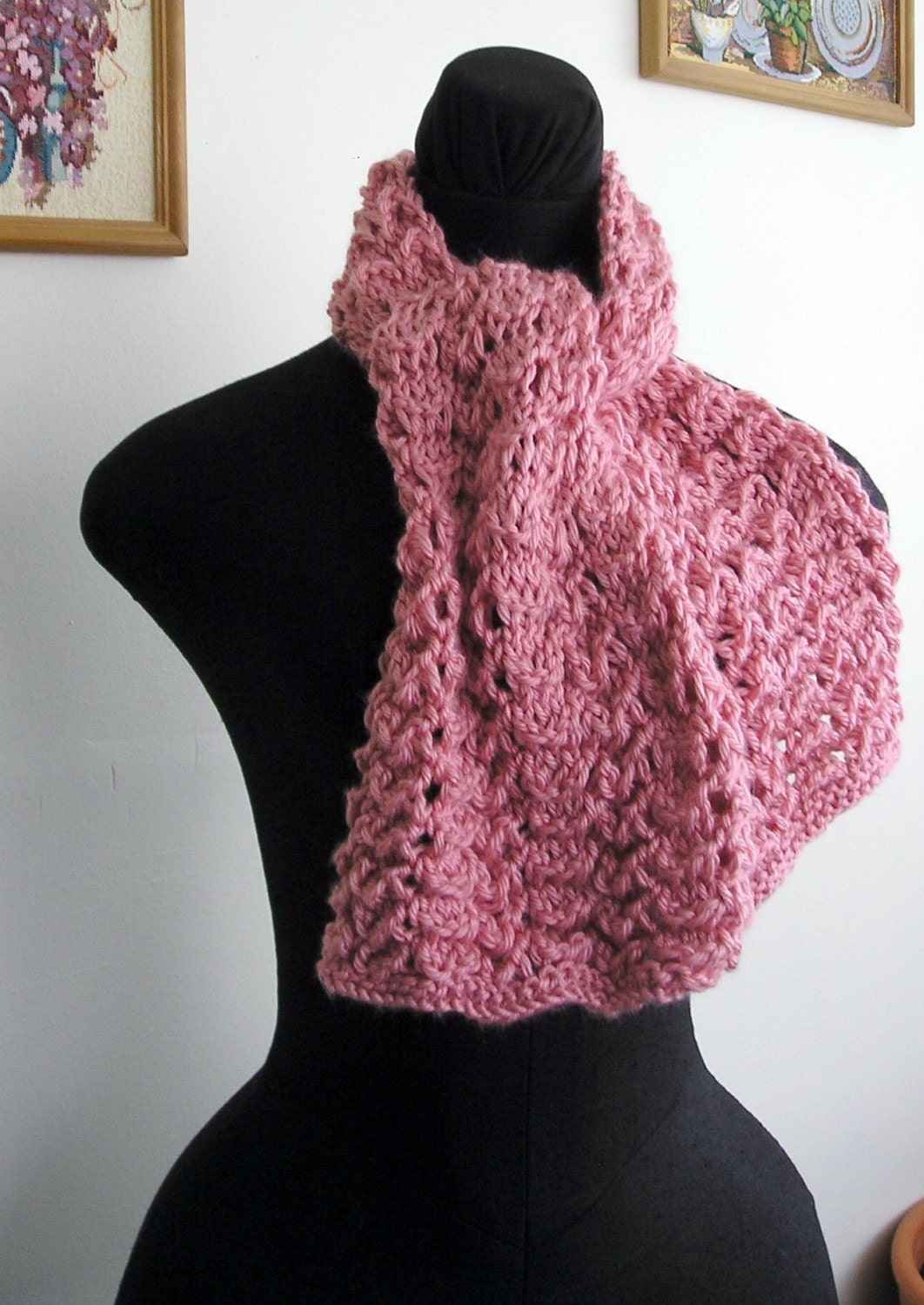 Garden Rose Handknit Scarf in Dusty Rose Pink Color and Beautiful Wavy Texture