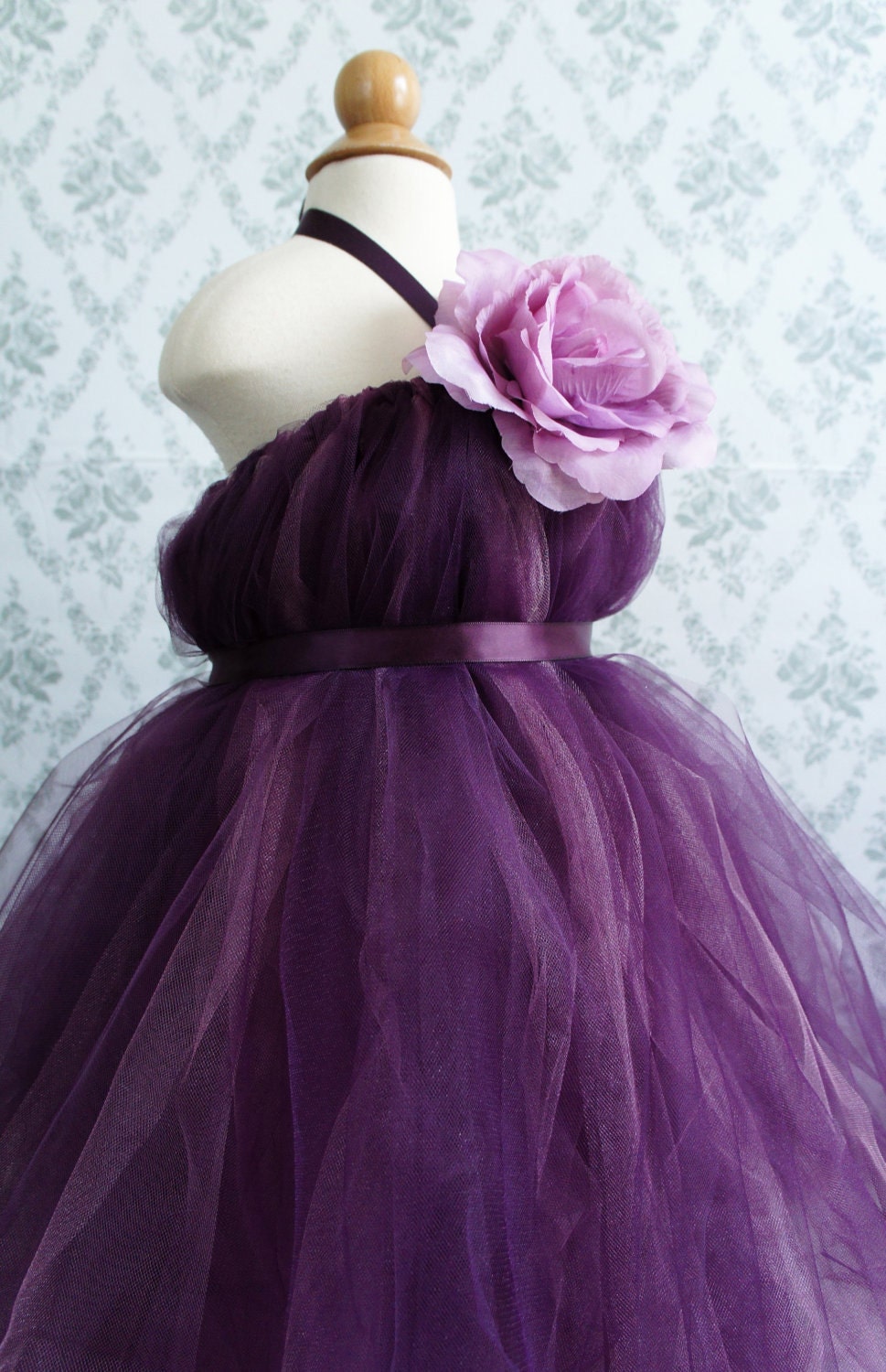Beautiful Flower Girl Tutu Dress, Photo Prop, in Deep Purple,  with Delicate Oversized Purple Flower