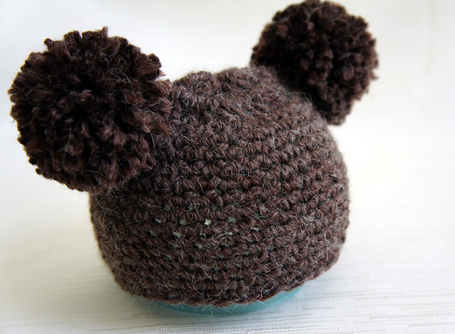 Pom Pom Knit Baby Hat, Baby Photo Prop, Bear Hat in Brown