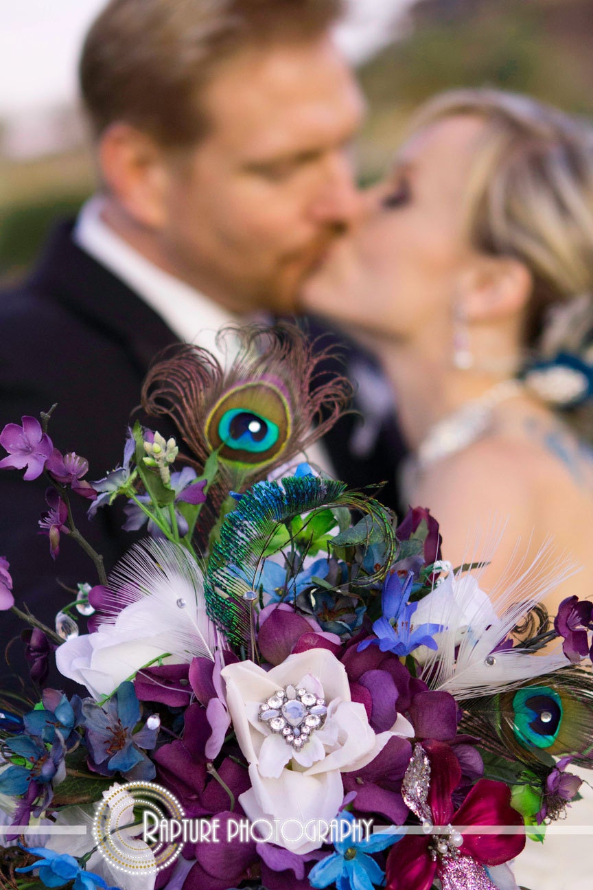 Glorious Peacock Garden Cascade Wedding Party Bouquet Collection with Blue, Purple and Green Accents for Robin - 1-4-14 - Deposit Listing