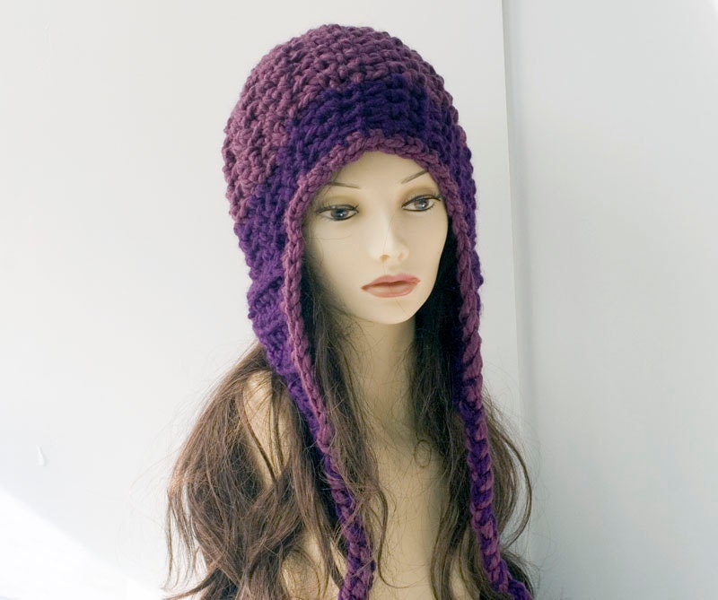 Crocheted Ear Flap Hat, Purple Aviator Hat, Helmet Hat, Warm Winter Accessories Snow Hat