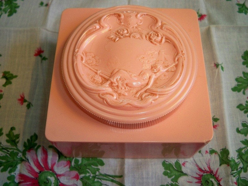 Vintage Art Nouveau Pink Celluloid Dusting Powder Box White Shoulders