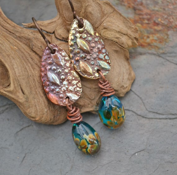 Copper Drop and Lampwork Earrings