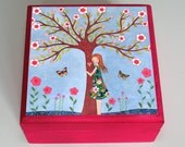 Folk Art Girl Jewelry Box Pink Trinket Box, Girl Gift Box