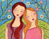 Best Friend Sister Painting Art Print on Wood Folk Art Girl Painting, Lean on me