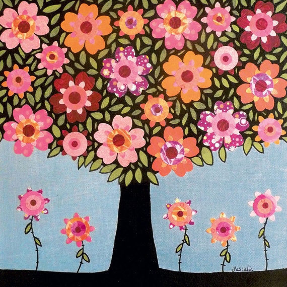 Pink Flower Tree Painting Art Print on Wood Nursery Art Baby Room Decor