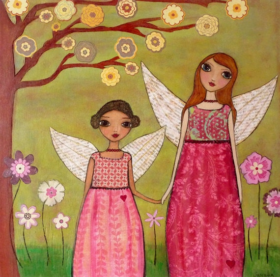 Sisters, Folk Art Print, Fairy Art, Nursery Decor, Baby Girl Nursery Art