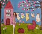 Whimsical Laundry Day Painting Art Print Block