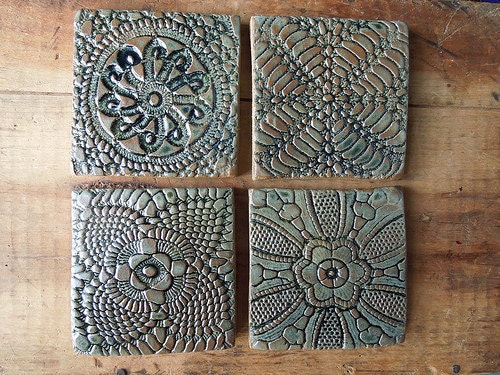 Antique Doily Tiles in Blue/Green 3X3-Set of Four-Made to Order