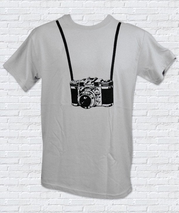 Photographer T-shirt - Camera and Strap Print on Gray Shirt (Available in sizes S, M, L, XL)