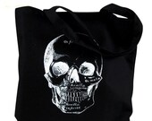 Skull Tote Bag  - Anatomical Skull  Illustration on a Black Bag