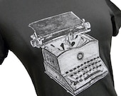 Typewriter T-Shirt -  White Typewriter Print on Gray Ladies Shirt  - (Sizes S, M, L, XL)