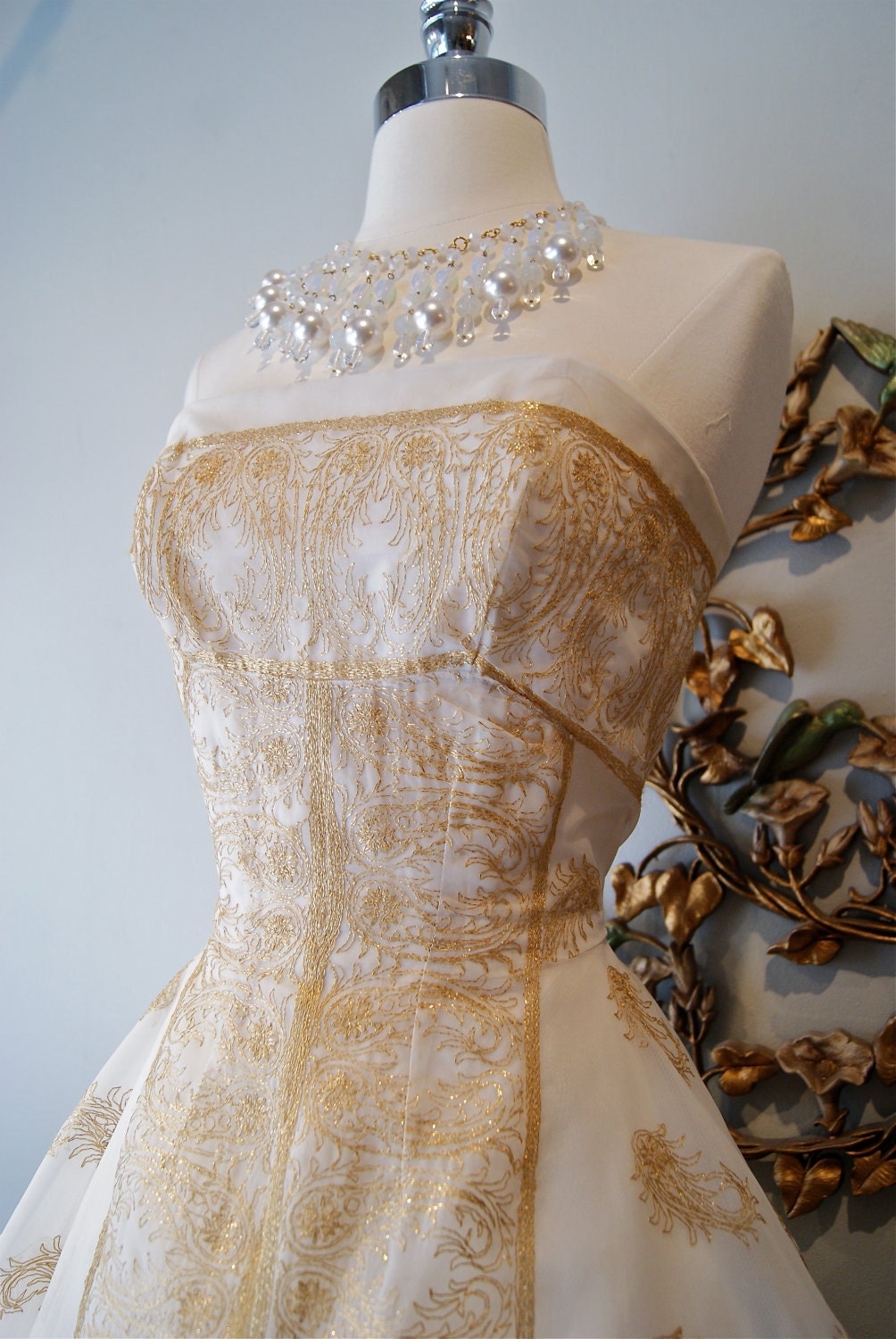 Wedding Dress / 1950s Dress / Vintage 50s White and Gold Wedding Dress by Emma Domb / Party Dress / Prom Dress /  Size S