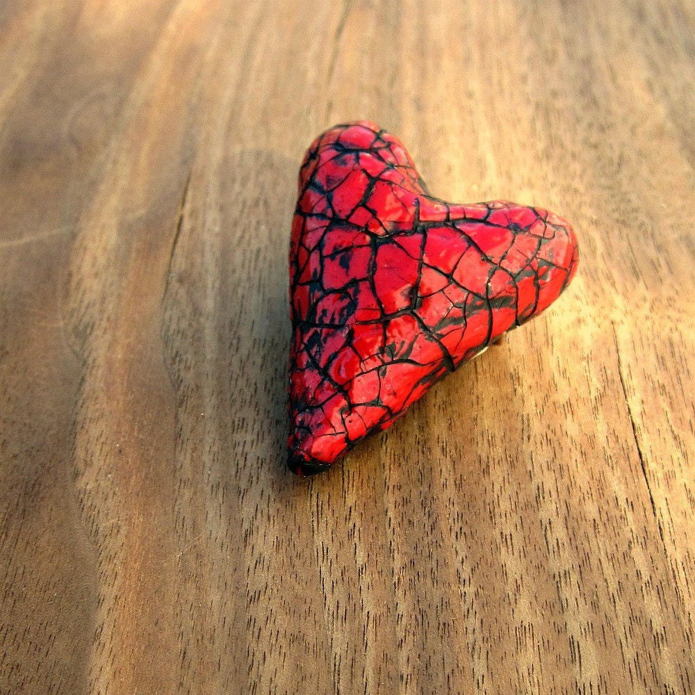 Paper Mache Pin: Handsculpted Red Heart Shaped Crackled Papier Mache Brooch, Paper Heart - studioRenee