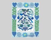 FRAKTUR  With Birds, Hearts,and Flowers  ACEO with Mosaic Border from Theodora