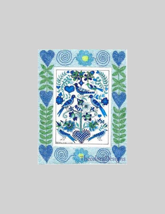 FRAKTUR With Birds, Hearts,and Flowers ACEO with Mosaic Border from Theodora