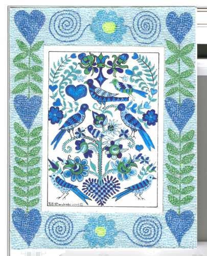 FRAKTUR With Birds, Hearts,and Flowers ACEO with Mosaic Border from Theodora