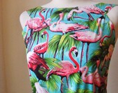 Boat Neck Dress with Tropical Flamingos in Turquoise and Pink / Handmade / Choose Your Size