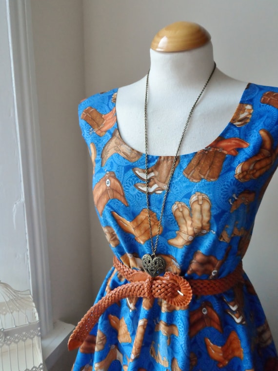 Reserved for Sarah Boardman Blue Cowboy Boot Dress Browns // Boho Whimsical Woodland Bohemian Romantic Tea Party Dress (M)
