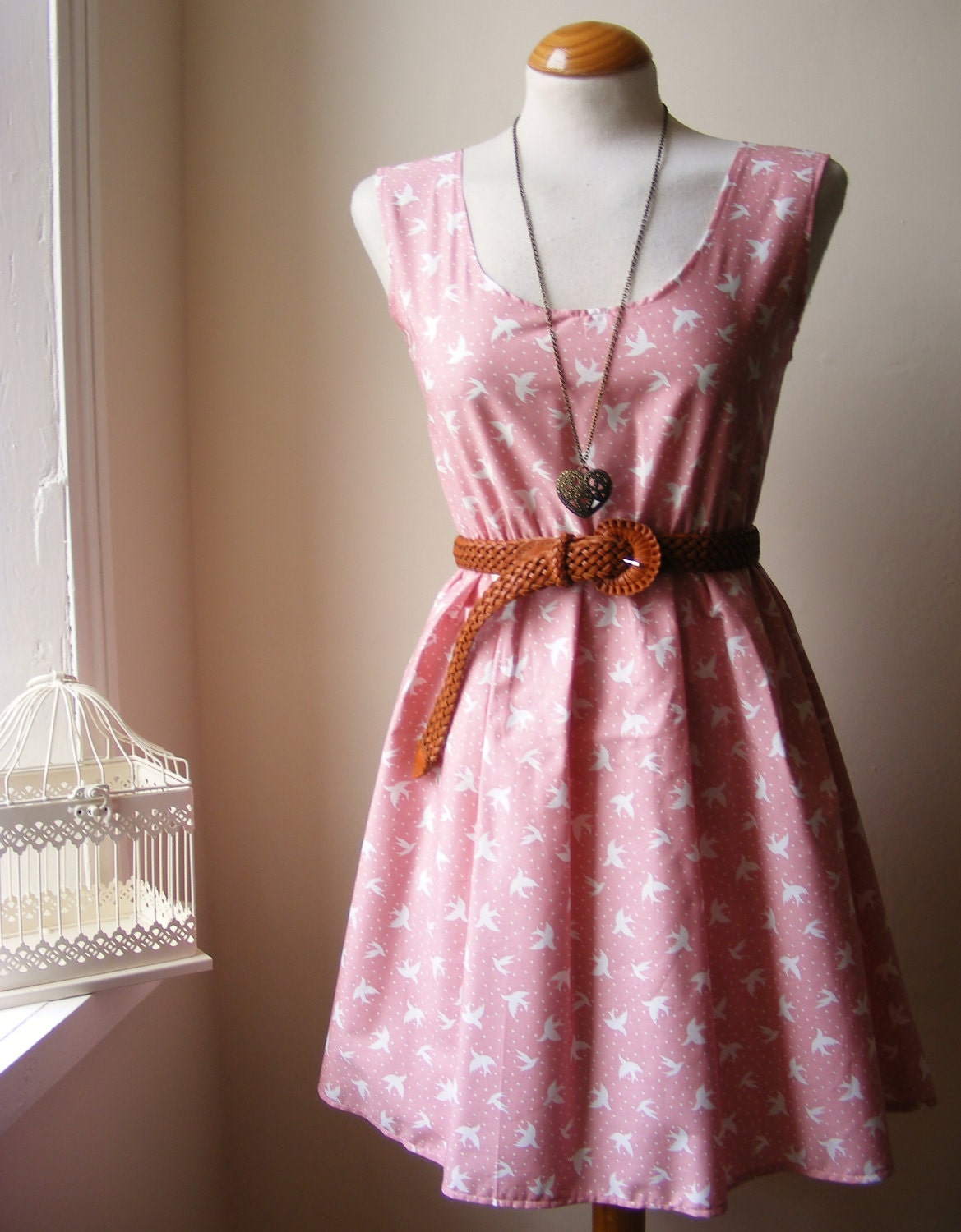 Jennifer Lilly Handmade Bohemian Beautiful Pink and White Bird Spotty Cotton Dress // Boho Vintage Whimsical Kitsch Dress (XXL)