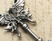 Steampunk Winged skeleton key pendant Art Nouveau PEWTER