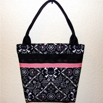 Small skull purse, pink hearts black white, tote bag