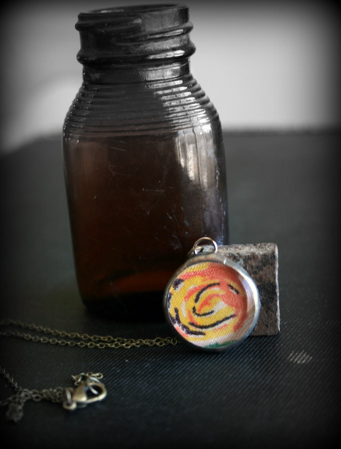 Vintage Fabric Necklace with Copper Patina on Brass Chain