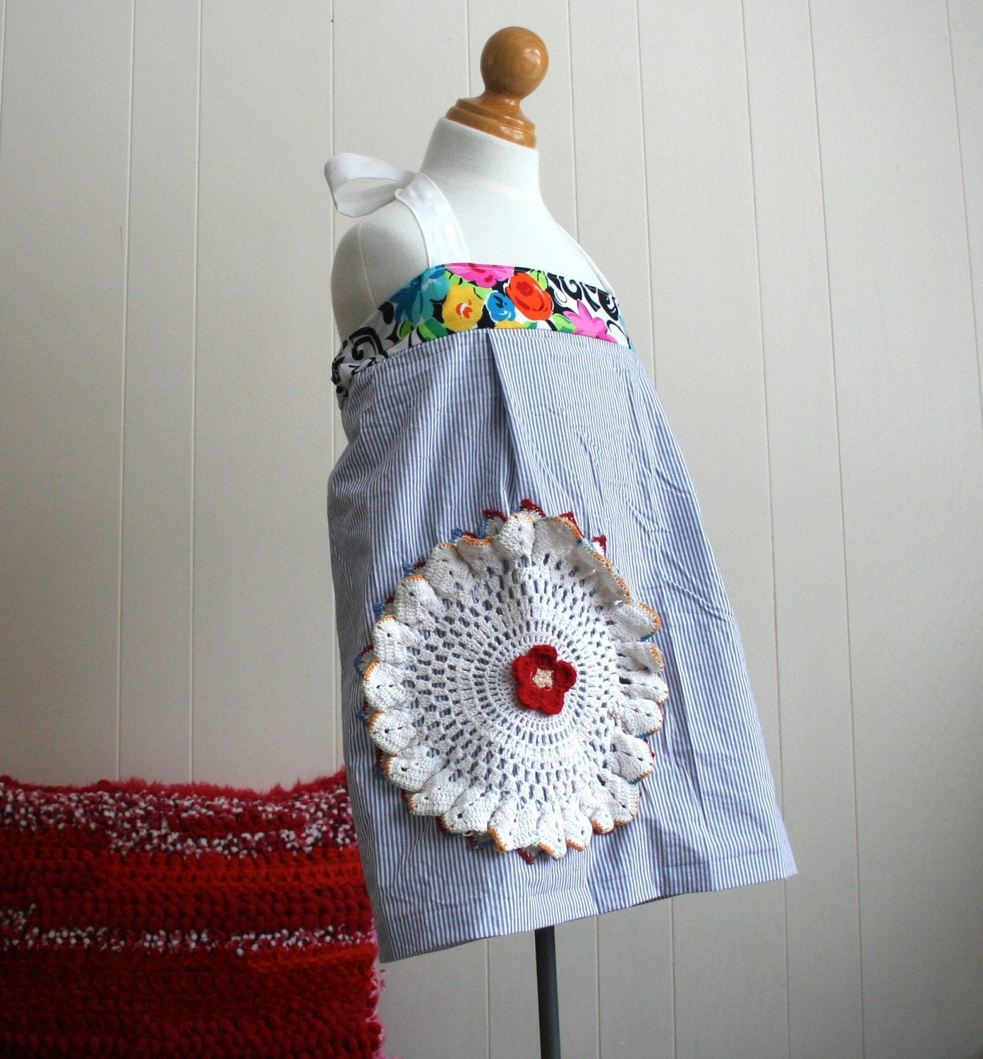 Pinstripes Halter Dress with Doily, 4 to 6 years old