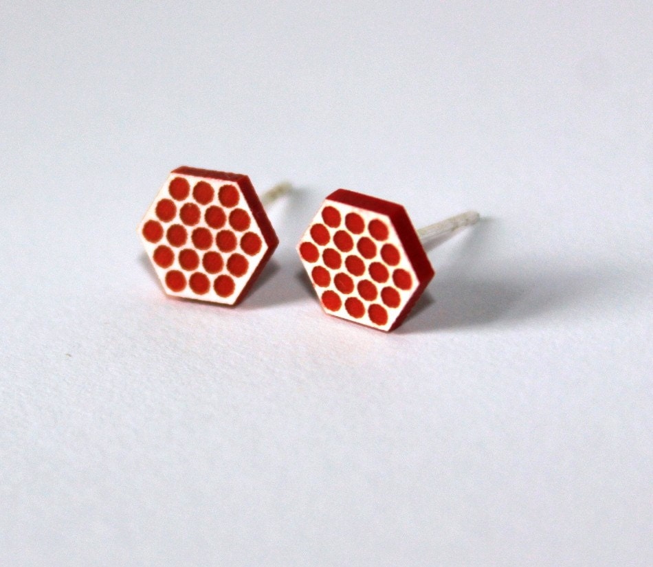 Spotty Hexagon Stud Earrings - red & white