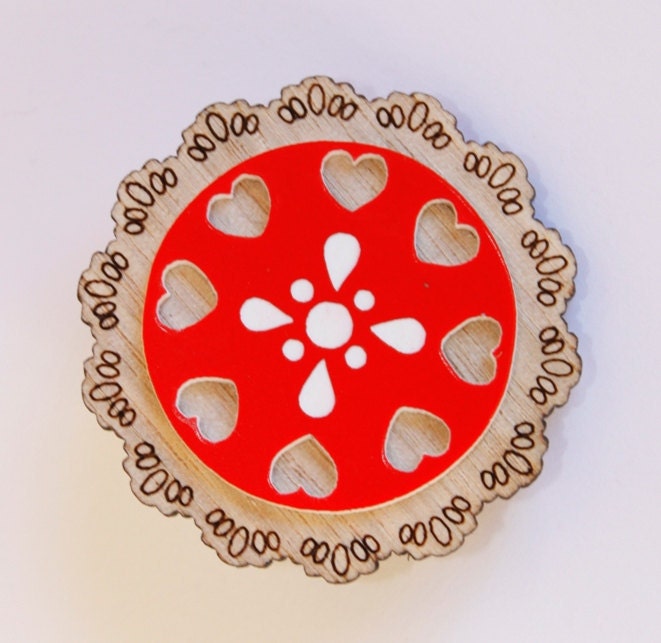 Wooden Red and Hearts Doily Brooch