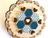 Teal and Brown Patchwork Doily Brooch