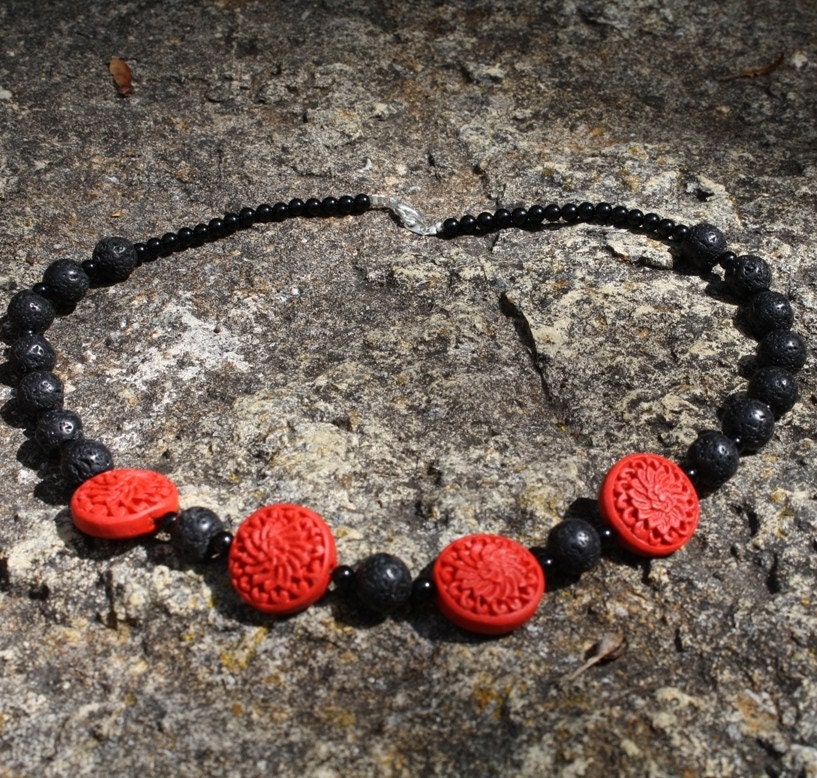 Red Cinnabar and Black Lava Necklace