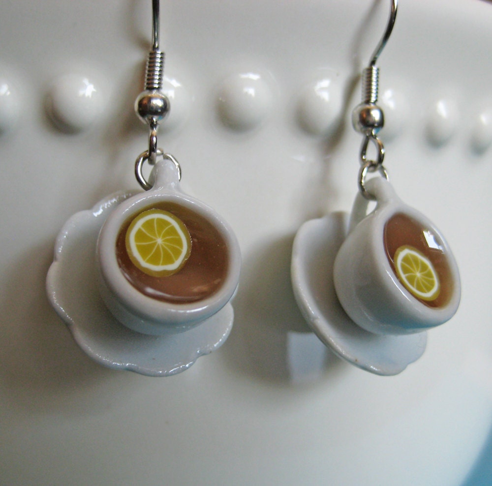 Tea Cup Earrings with Lemon - White