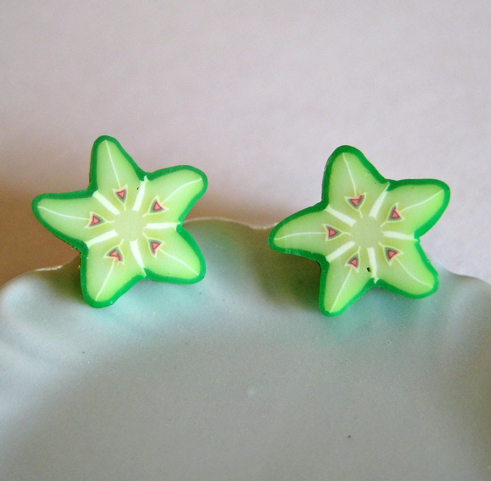 Miniature Food Jewelry - Star Fruit Slice Earrings - Polymer Clay