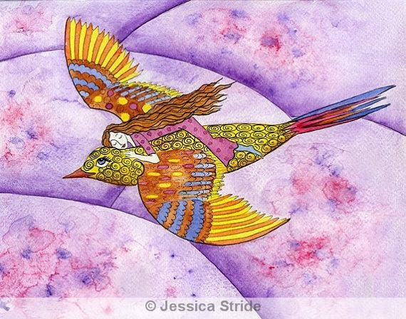 Flying on a Bird. Art print from my watercolour painting.