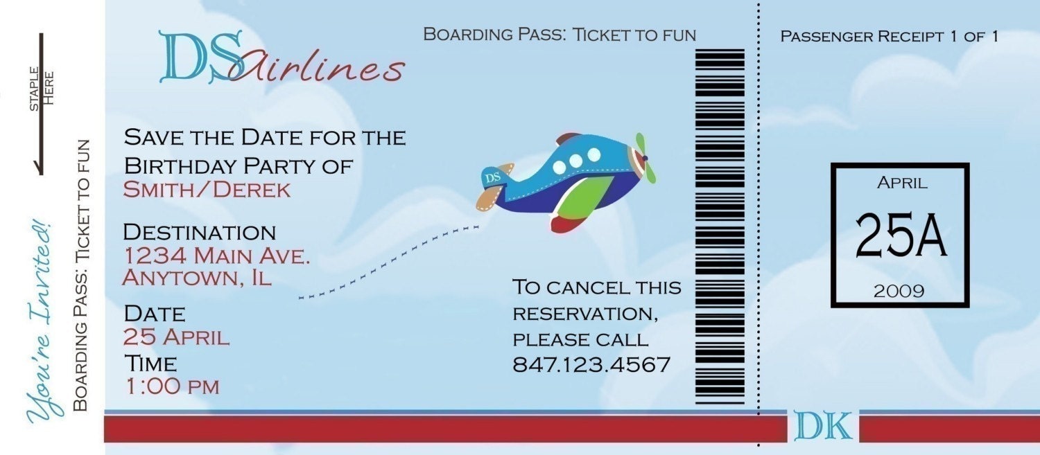 Airplane Boarding Pass Birthday Invitation