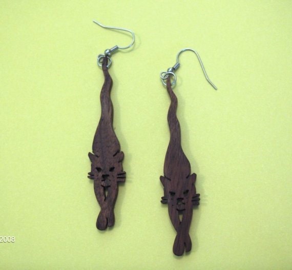 Wooden Cat Earrings made of Virginia Walnut