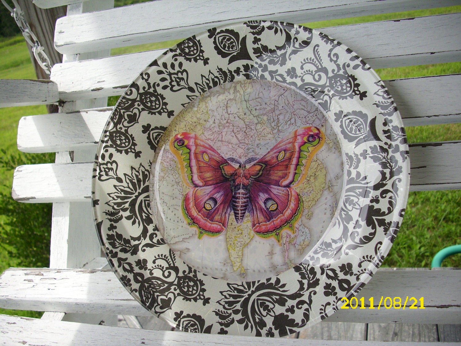 Butterfly/Map Black and White Damask Decoupage Plate