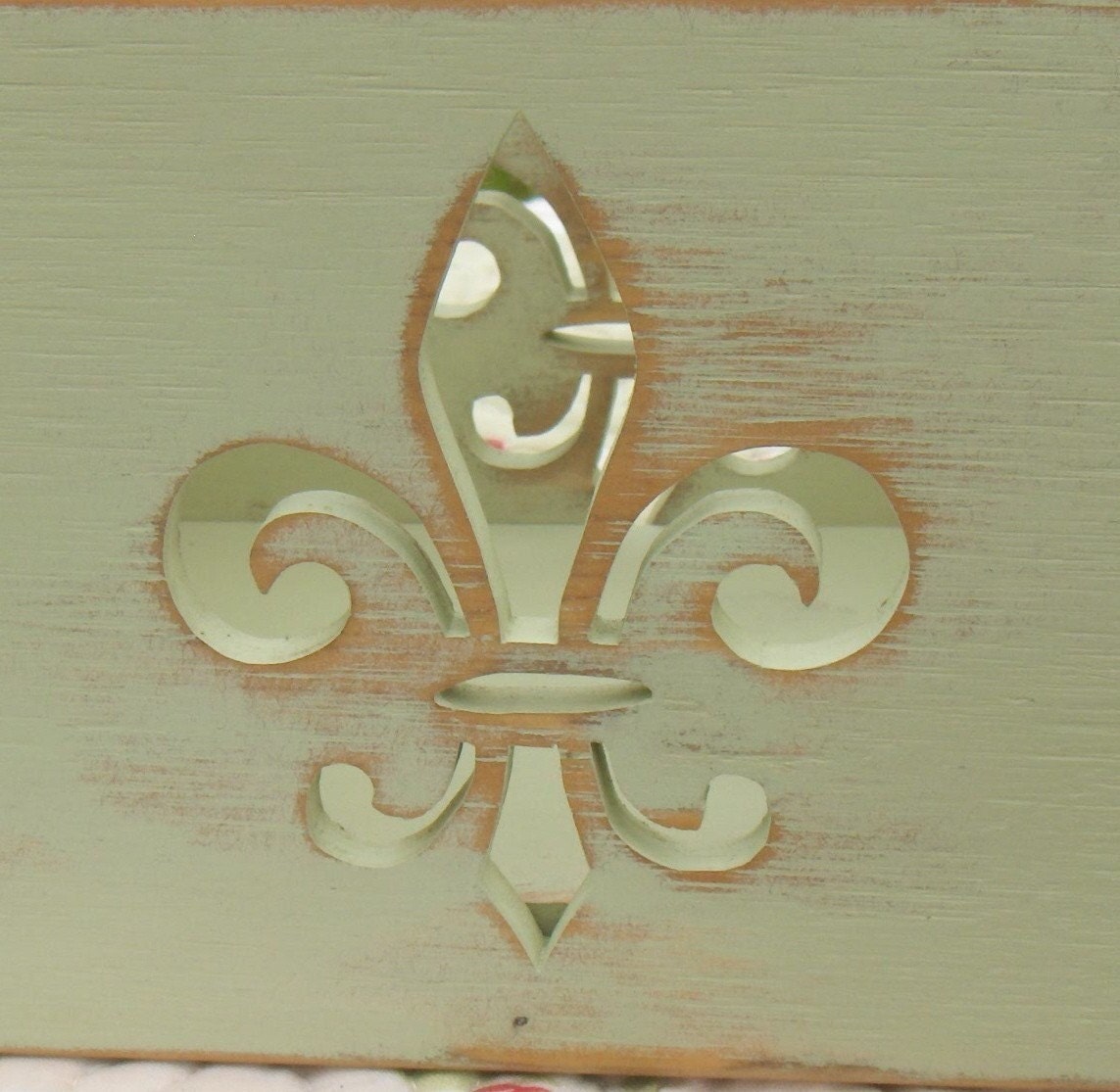 Small Sage Green Distressed Decorative Fleur de Lis Wooden Box
