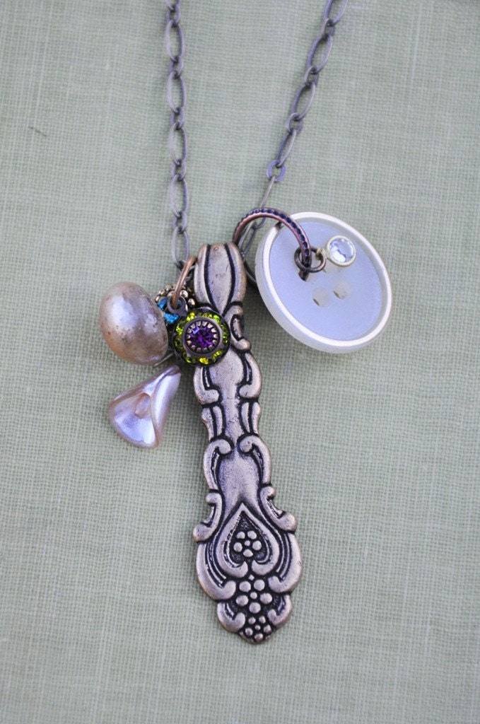 Vintage brass spoon and buttons  charm necklace