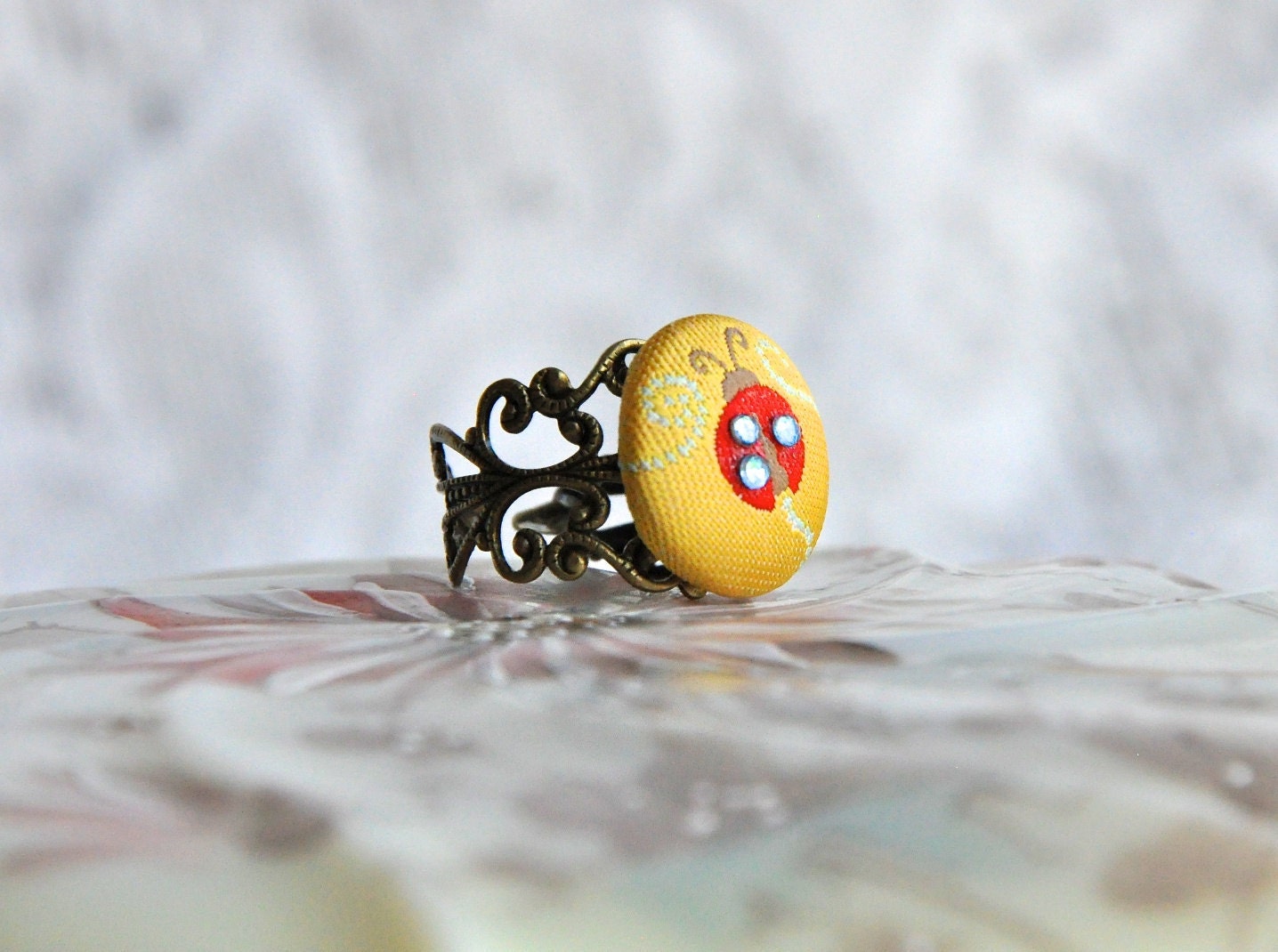 Ladybug Button Ring - Adjustable